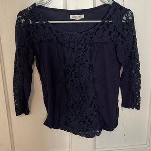 navy blue top with quarter length sleeves and lace